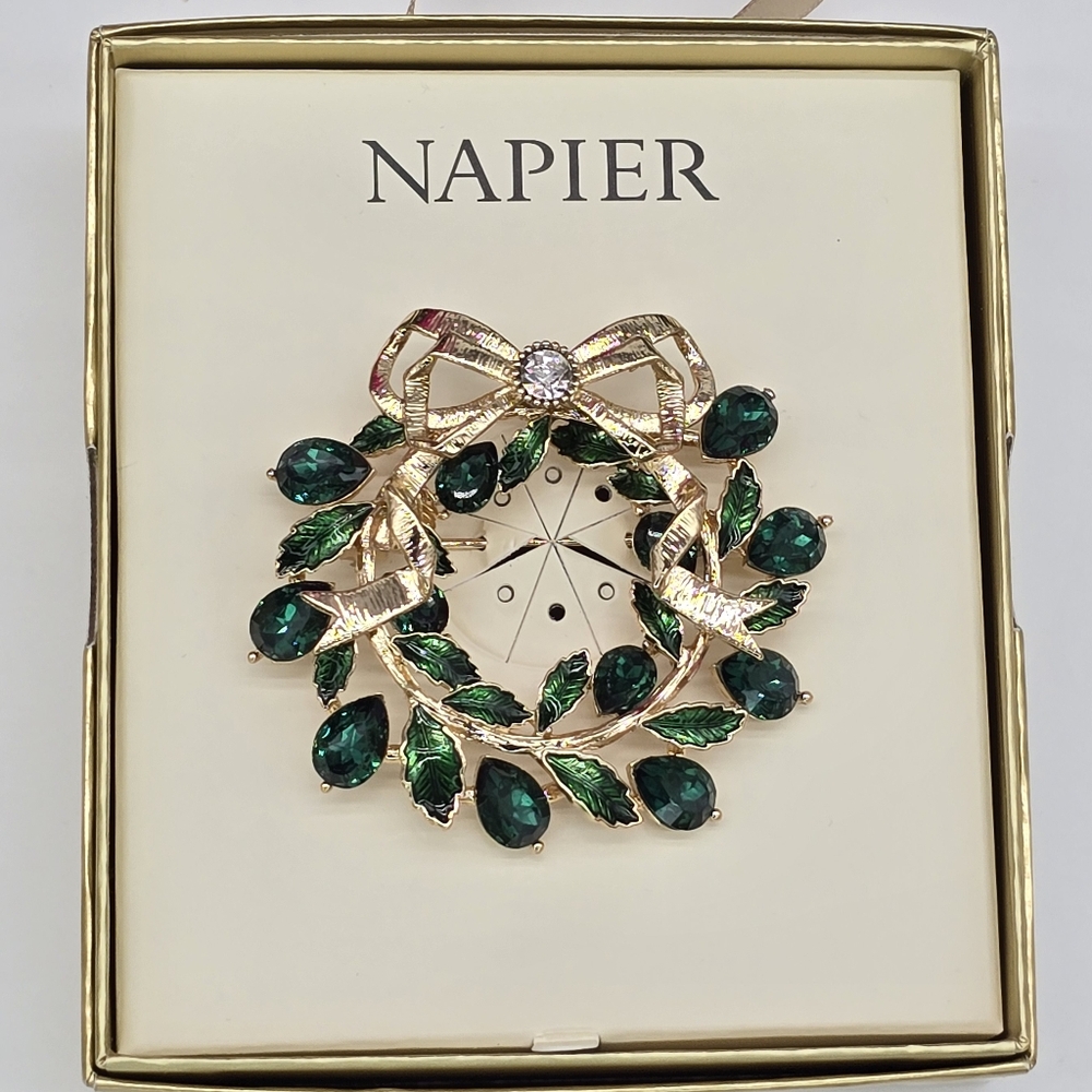 Napier Gold and Green Wreath Brooch New With Gift Box